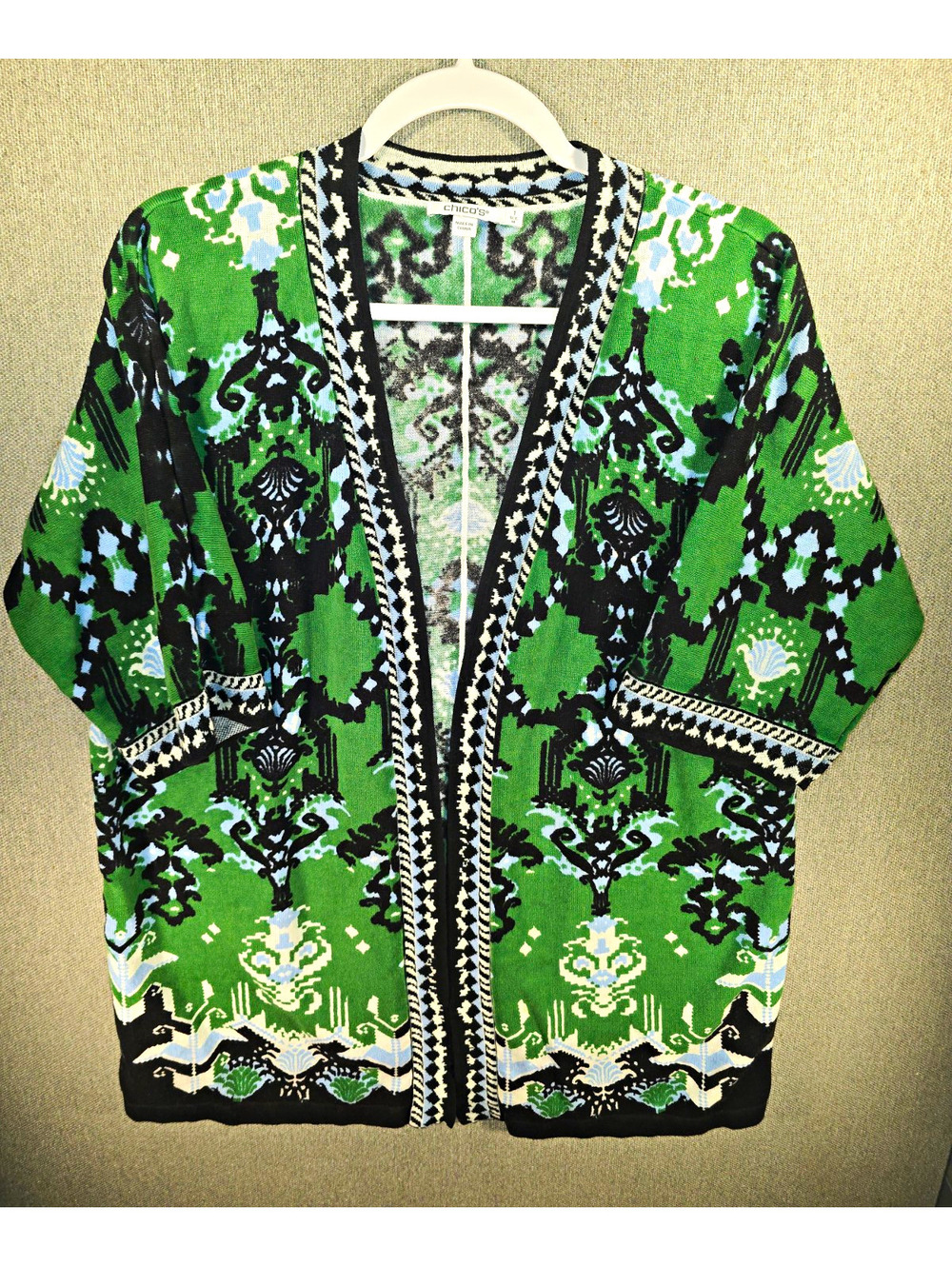 Chico's Green Geometric Open Front Knit Cardigan Sweater 3/4 Sleeve M